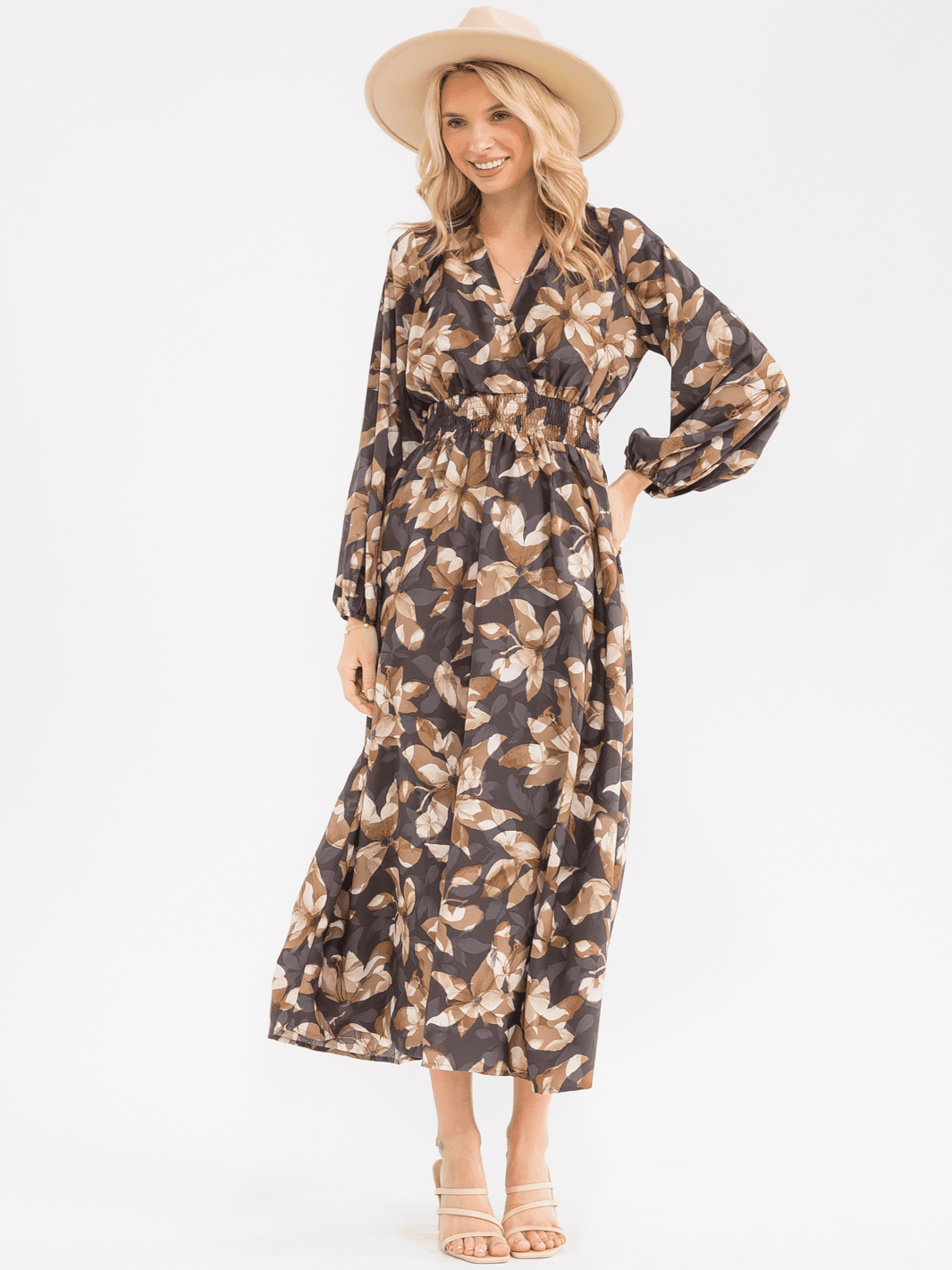 WOMEN'S LONG SLEEVE SURPLICE ELASTIC WAIST FLORAL PRINT MAXI DRESS