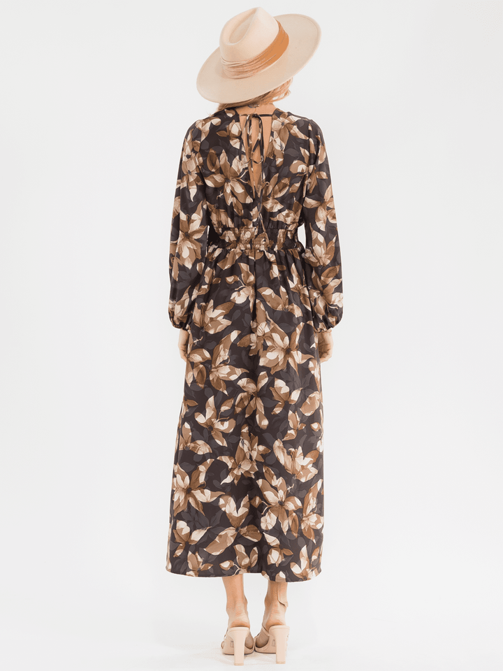 WOMEN'S LONG SLEEVE SURPLICE ELASTIC WAIST FLORAL PRINT MAXI DRESS