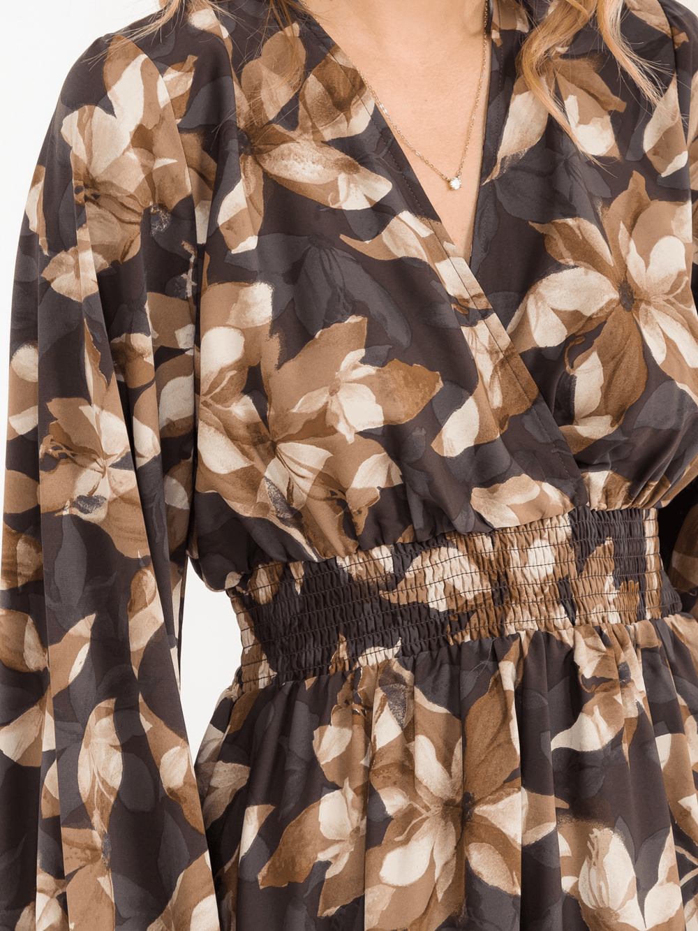 WOMEN'S LONG SLEEVE SURPLICE ELASTIC WAIST FLORAL PRINT MAXI DRESS