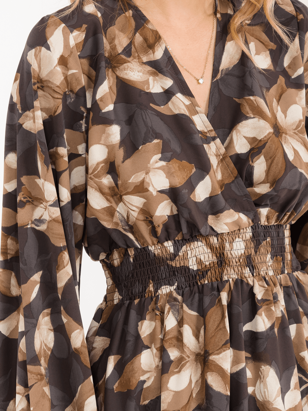 WOMEN'S LONG SLEEVE SURPLICE ELASTIC WAIST FLORAL PRINT MAXI DRESS