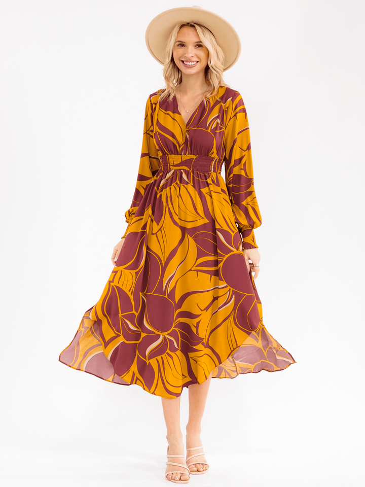 WOMEN'S LONG SLEEVE V-NECK SMOCK WAIST FLORAL MAXI DRESS