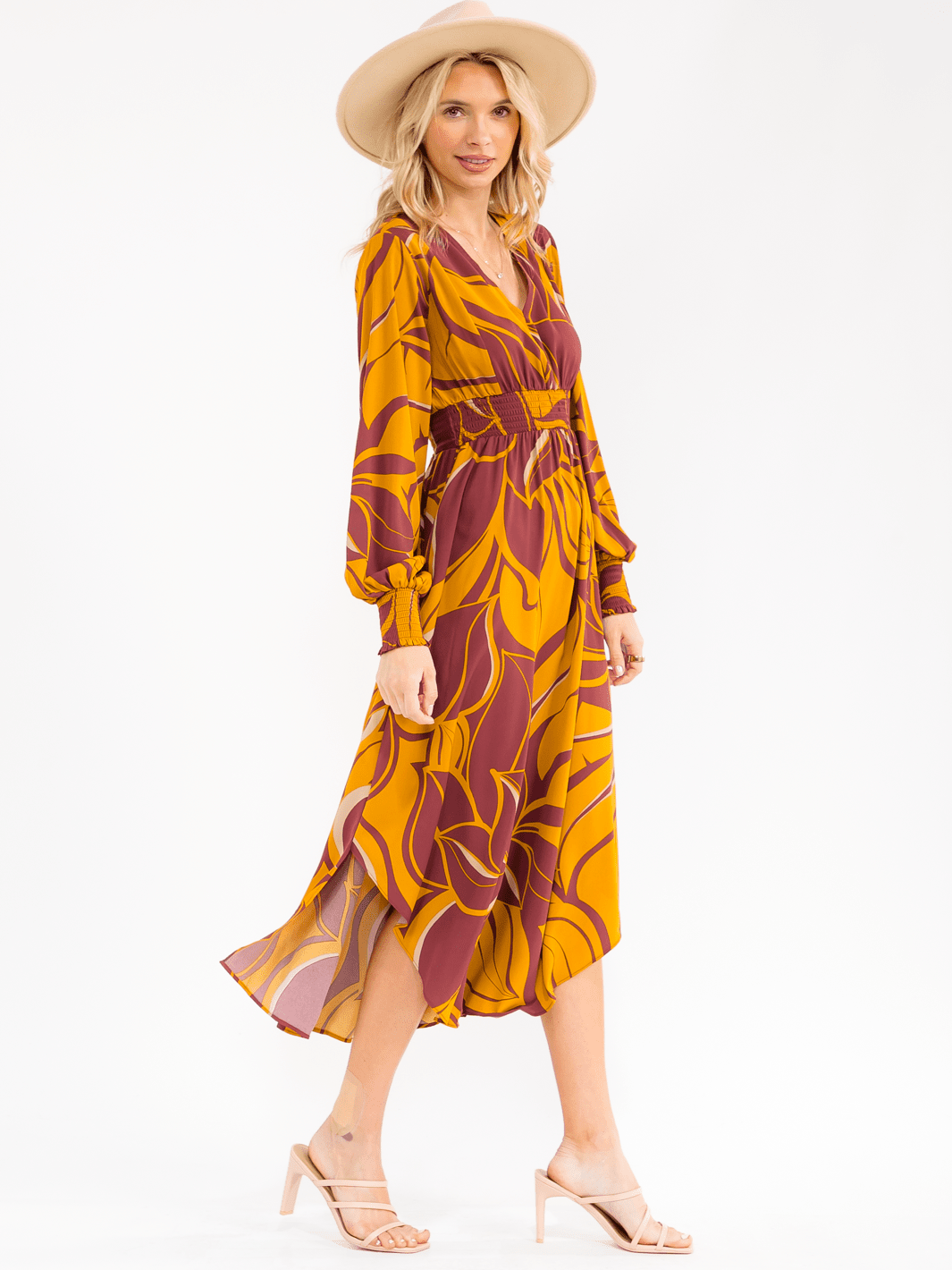 WOMEN'S LONG SLEEVE V-NECK SMOCK WAIST FLORAL MAXI DRESS