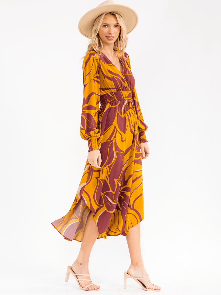 WOMEN'S LONG SLEEVE V-NECK SMOCK WAIST FLORAL MAXI DRESS