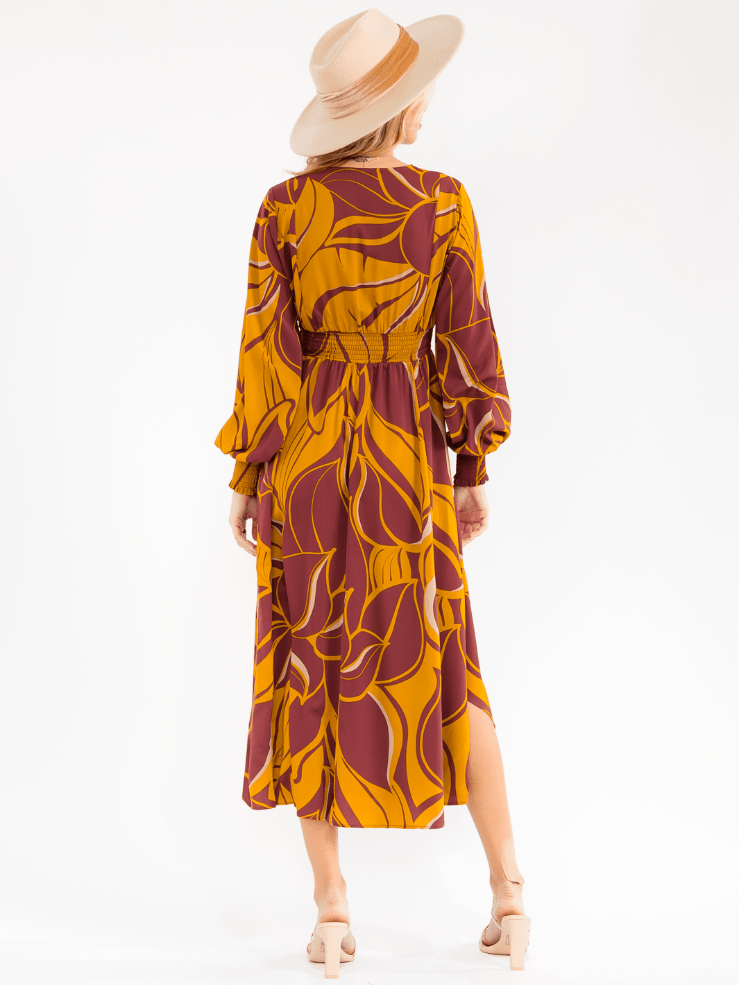 WOMEN'S LONG SLEEVE V-NECK SMOCK WAIST FLORAL MAXI DRESS