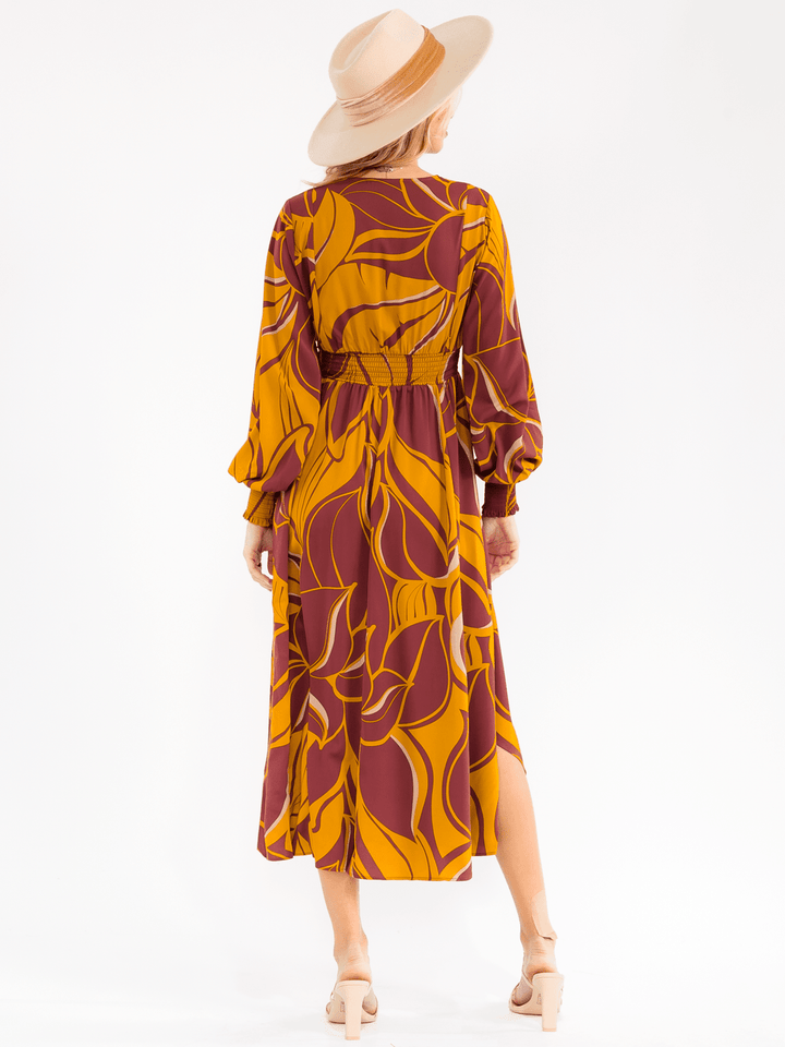 WOMEN'S LONG SLEEVE V-NECK SMOCK WAIST FLORAL MAXI DRESS