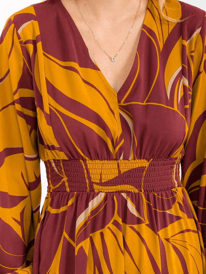 WOMEN'S LONG SLEEVE V-NECK SMOCK WAIST FLORAL MAXI DRESS