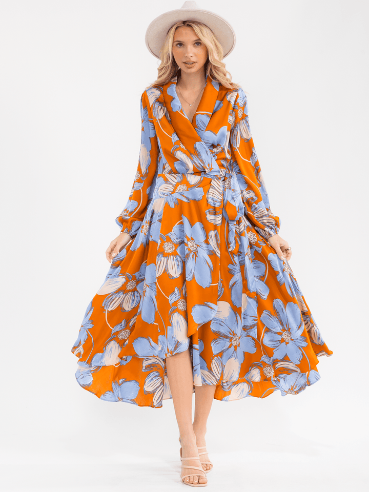 WOMEN'S LONG SLEEVE SELF TIE FLORAL PRINT WRAP MAXI DRESS