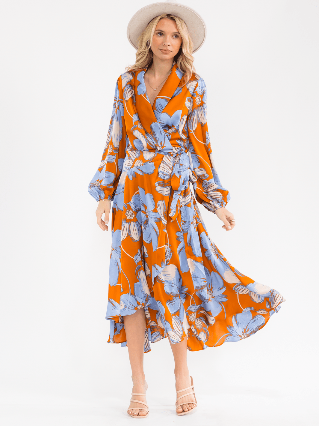 WOMEN'S LONG SLEEVE SELF TIE FLORAL PRINT WRAP MAXI DRESS
