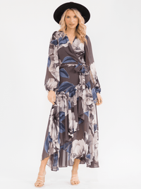 WOMEN'S LONG BELL SLEEVE SELF TIE HIGH-LOW FLORAL WRAP MAXI DRESS