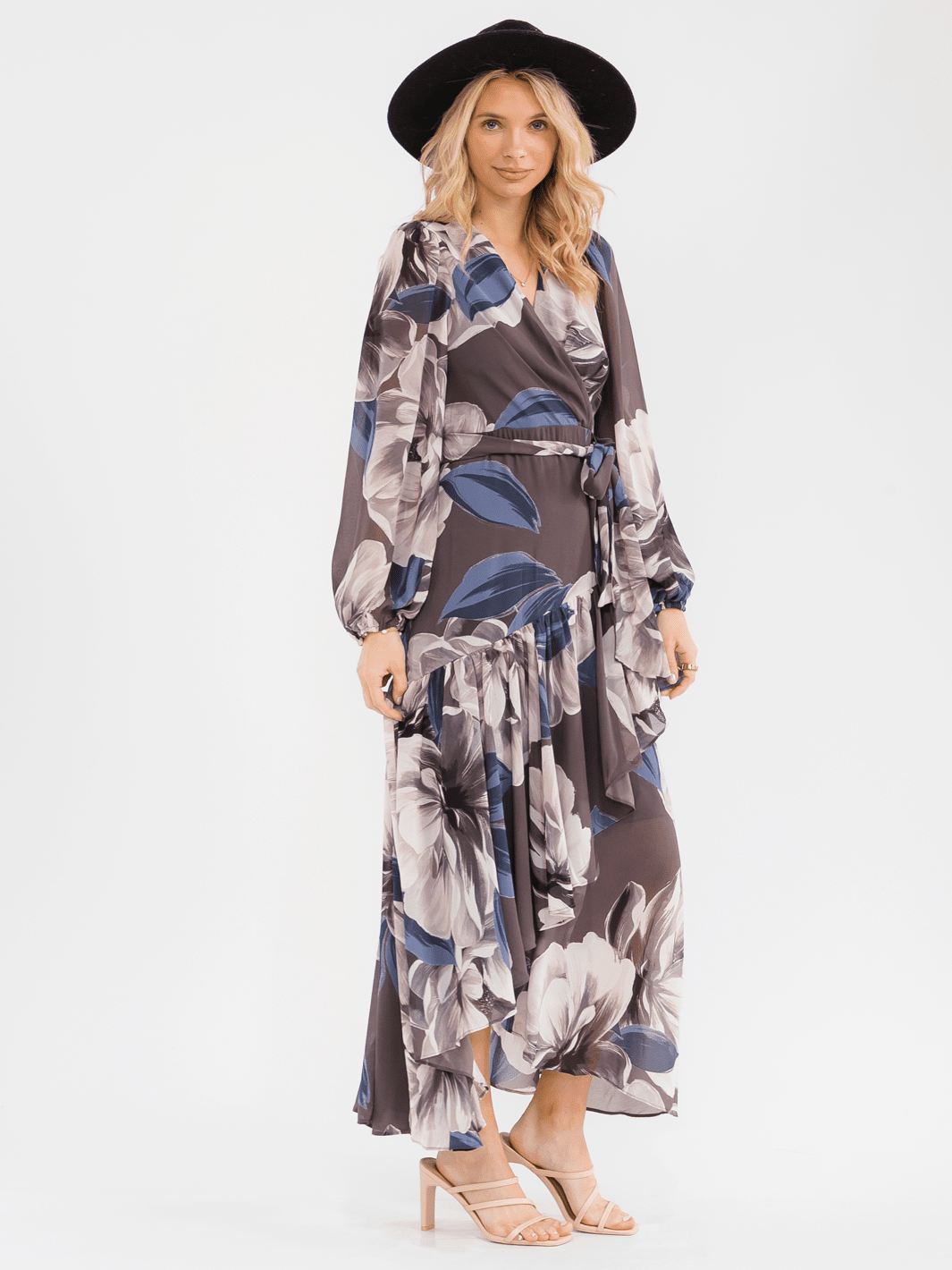 WOMEN'S LONG BELL SLEEVE SELF TIE HIGH-LOW FLORAL WRAP MAXI DRESS