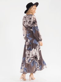 WOMEN'S LONG BELL SLEEVE SELF TIE HIGH-LOW FLORAL WRAP MAXI DRESS
