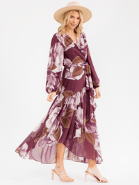 WOMEN'S LONG BELL SLEEVE SELF TIE HIGH-LOW FLORAL WRAP MAXI DRESS
