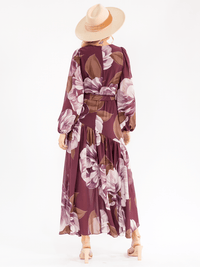 WOMEN'S LONG BELL SLEEVE SELF TIE HIGH-LOW FLORAL WRAP MAXI DRESS