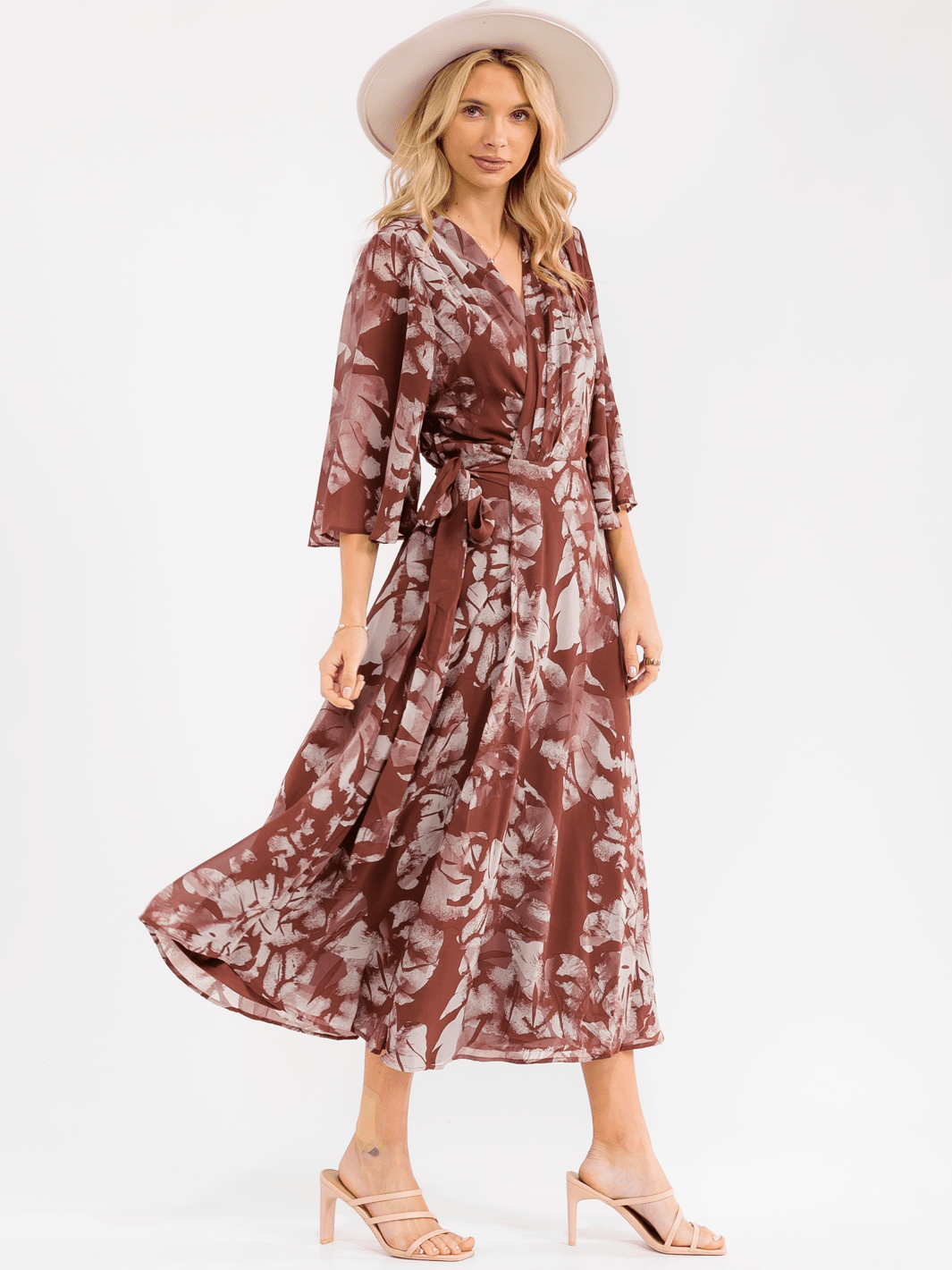 WOMEN'S 3/4 SLEEVE V-NECK FLORAL WRAP MAXI DRESS