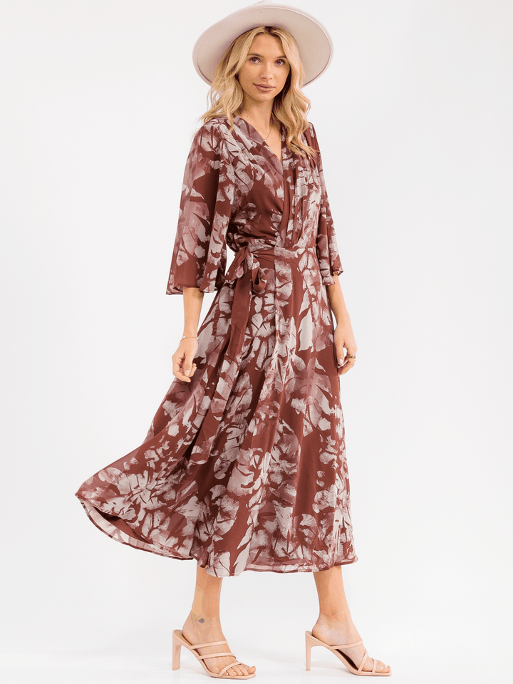 WOMEN'S 3/4 SLEEVE V-NECK FLORAL WRAP MAXI DRESS