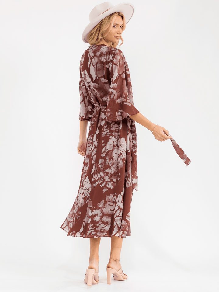 WOMEN'S 3/4 SLEEVE V-NECK FLORAL WRAP MAXI DRESS