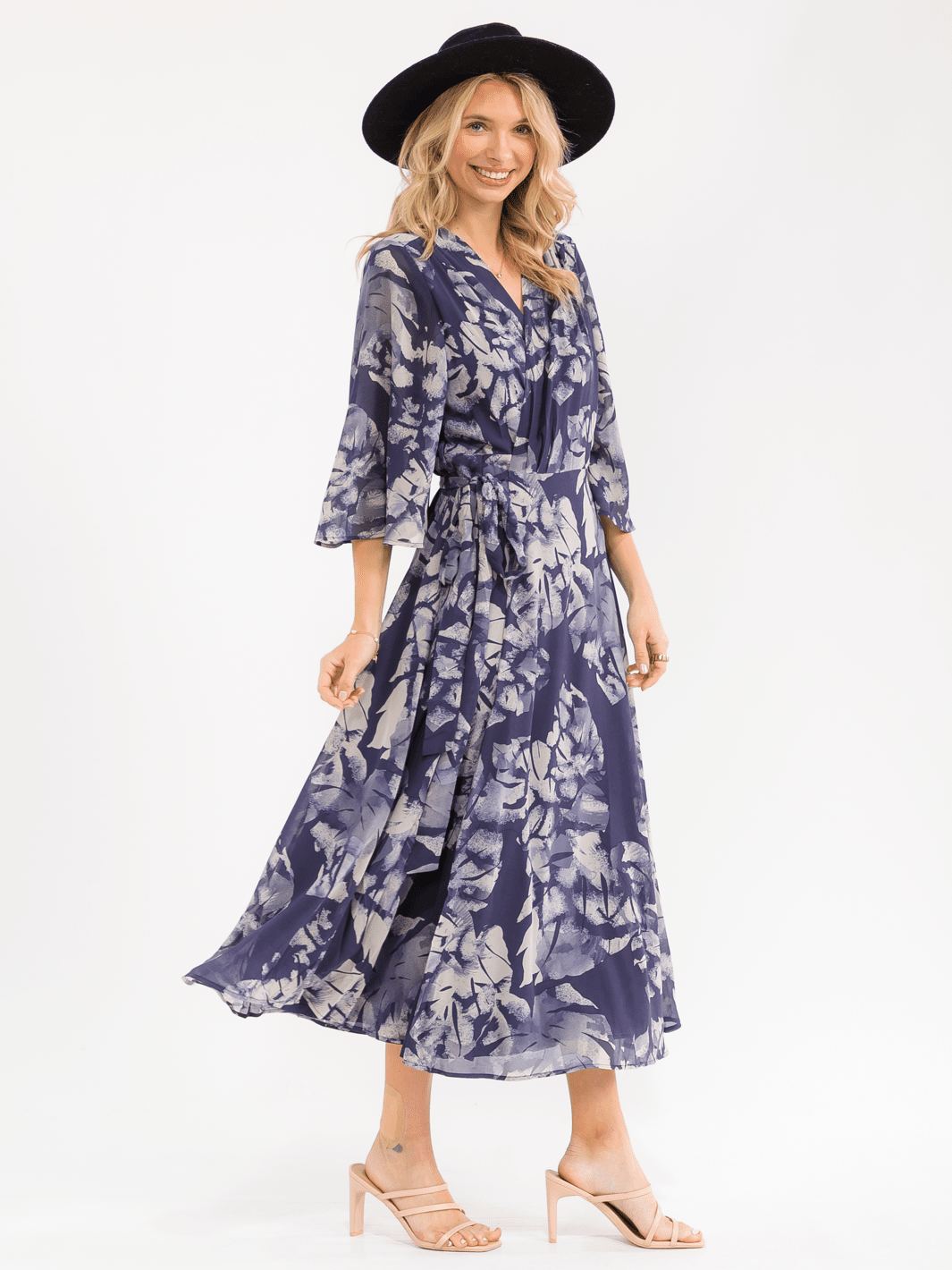 WOMEN'S 3/4 SLEEVE V-NECK FLORAL WRAP MAXI DRESS