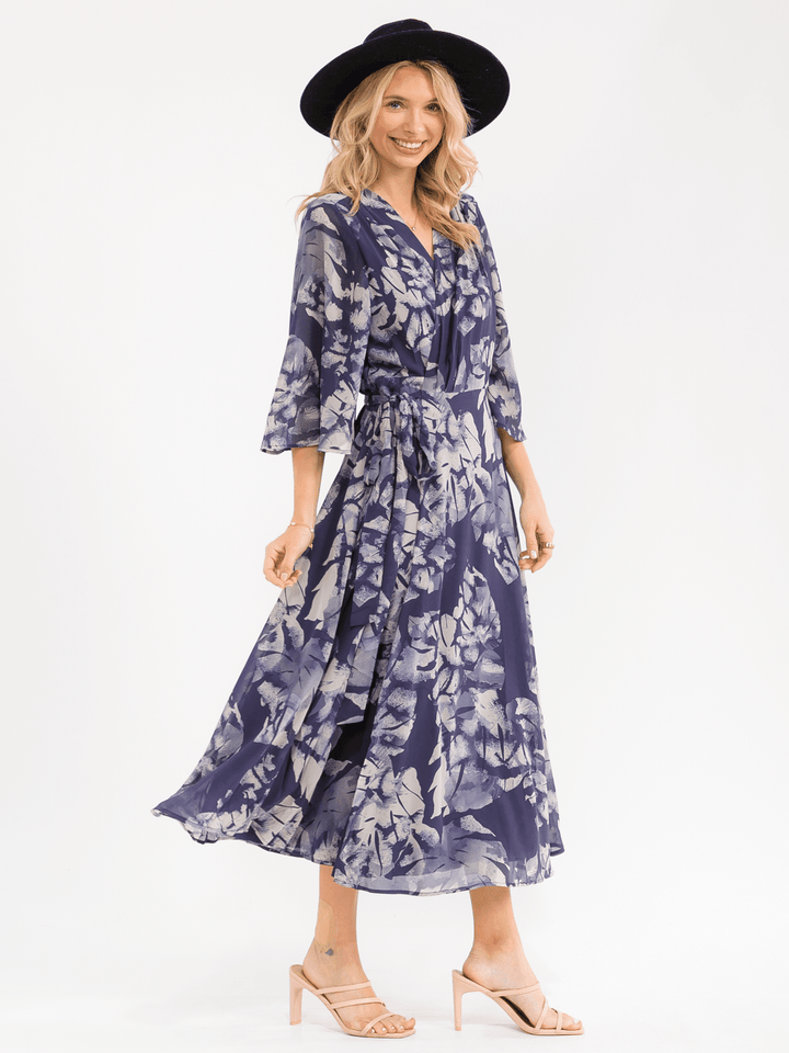 WOMEN'S 3/4 SLEEVE V-NECK FLORAL WRAP MAXI DRESS