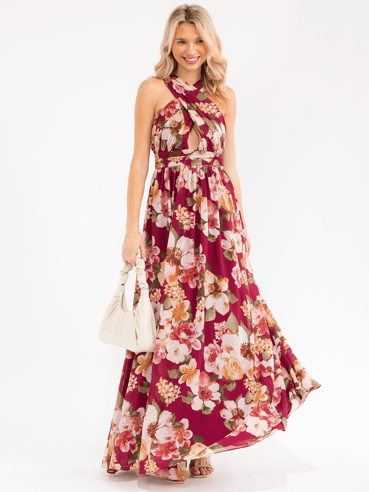 WOMEN'S SLEEVELESS FRONT KEY HOLE FLORAL MAXI DRESS