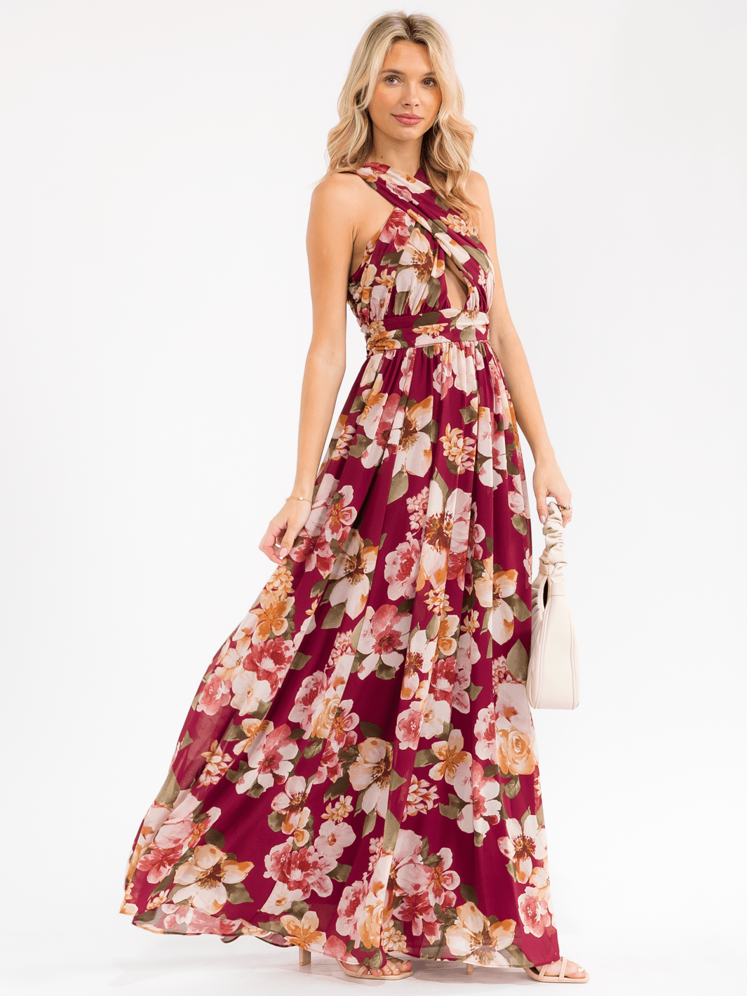 WOMEN'S SLEEVELESS FRONT KEY HOLE FLORAL MAXI DRESS