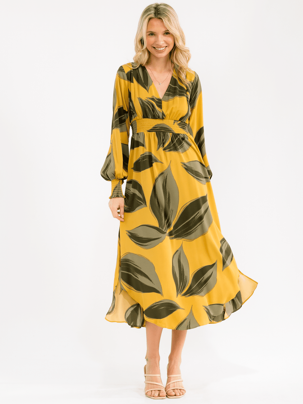WOMEN'S LONG SLEEVE V-NECK SMOCK WAIST LEAF PRINT MAXI DRESS