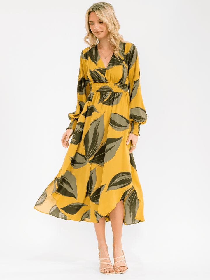 WOMEN'S LONG SLEEVE V-NECK SMOCK WAIST LEAF PRINT MAXI DRESS