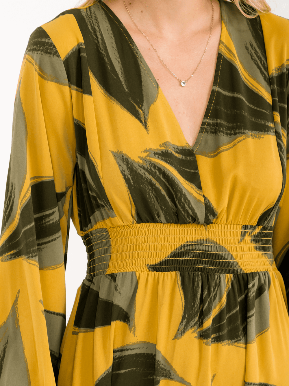 WOMEN'S LONG SLEEVE V-NECK SMOCK WAIST LEAF PRINT MAXI DRESS