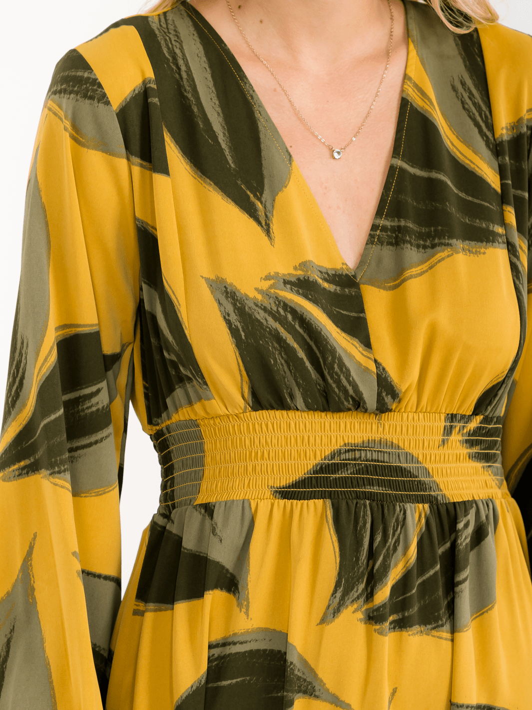 WOMEN'S LONG SLEEVE V-NECK SMOCK WAIST LEAF PRINT MAXI DRESS