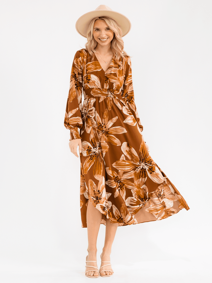WOMEN'S LONG SLEEVE V-NECK SMOCK WAIST FLORAL MAXI DRESS