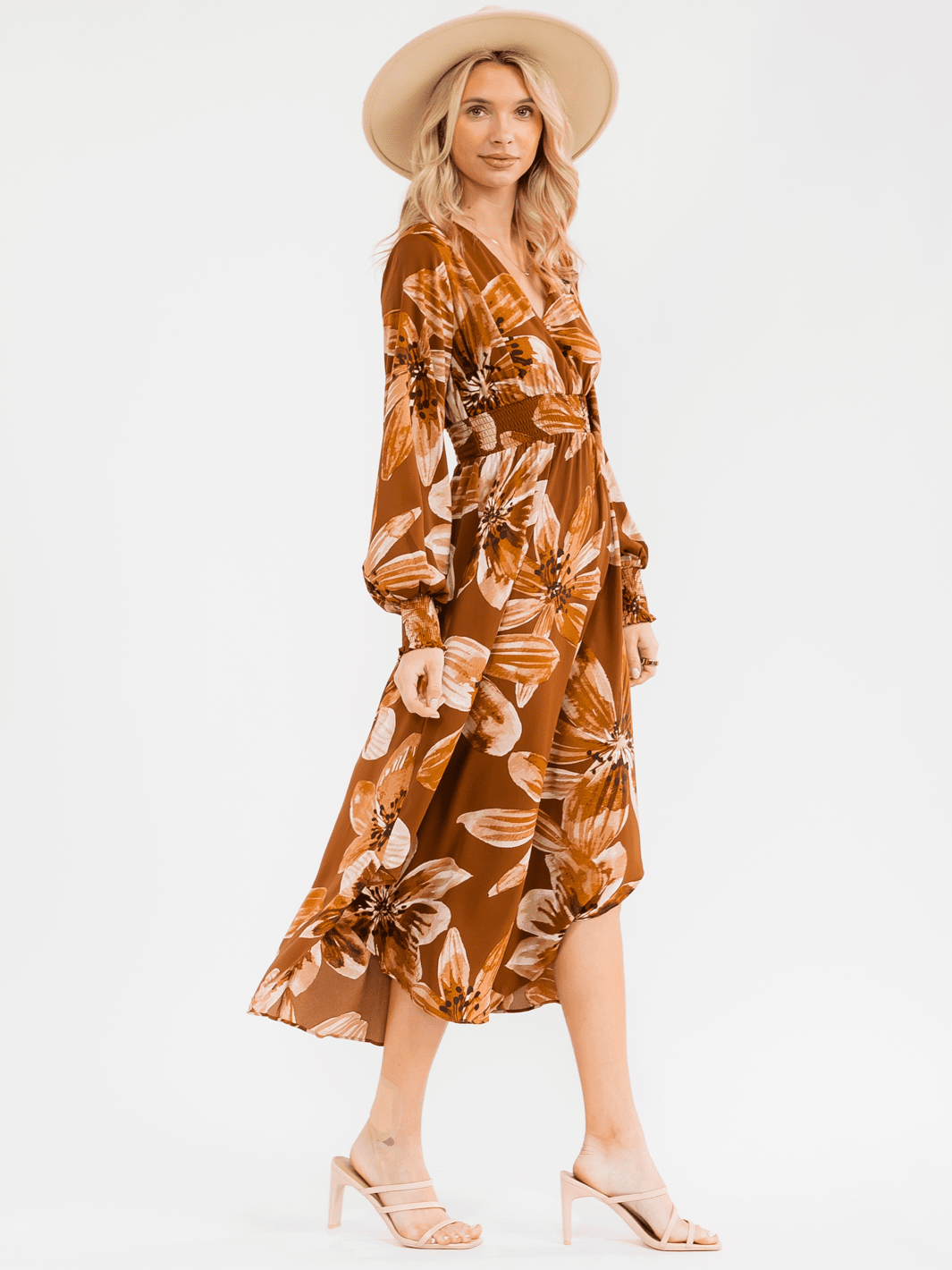 WOMEN'S LONG SLEEVE V-NECK SMOCK WAIST FLORAL MAXI DRESS