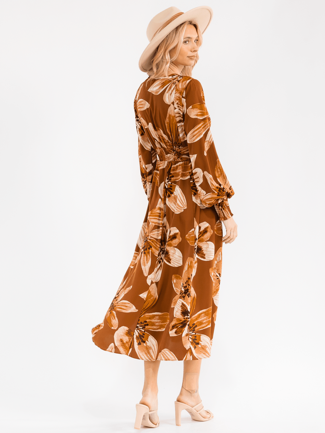 WOMEN'S LONG SLEEVE V-NECK SMOCK WAIST FLORAL MAXI DRESS