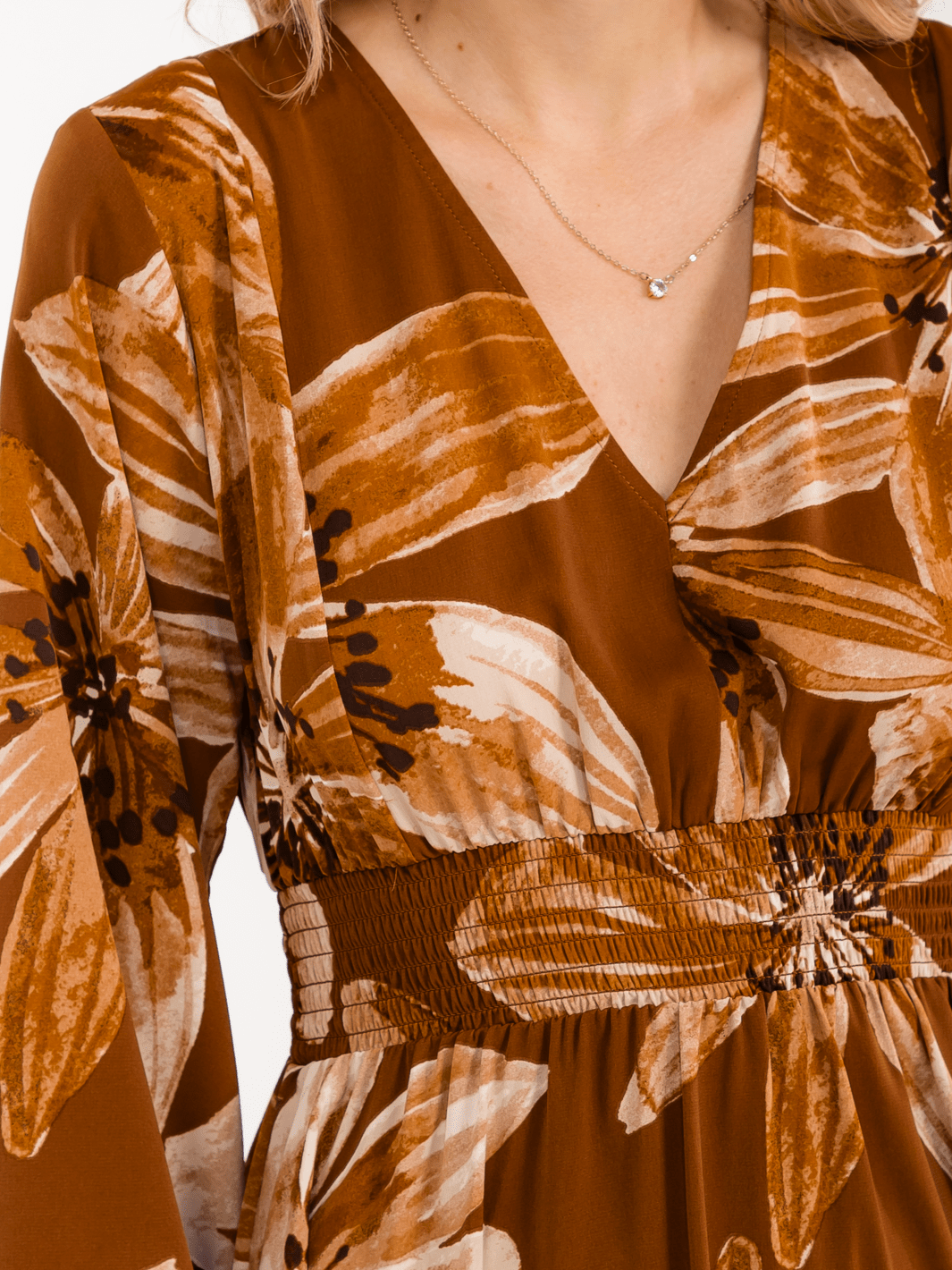 WOMEN'S LONG SLEEVE V-NECK SMOCK WAIST FLORAL MAXI DRESS