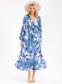 WOMEN'S LONG SLEEVE SURPLICE ELASTIC SMOCK FLORAL PRINT MAXI DRESS