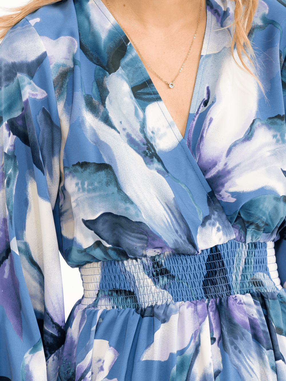 WOMEN'S LONG SLEEVE SURPLICE ELASTIC SMOCK FLORAL PRINT MAXI DRESS