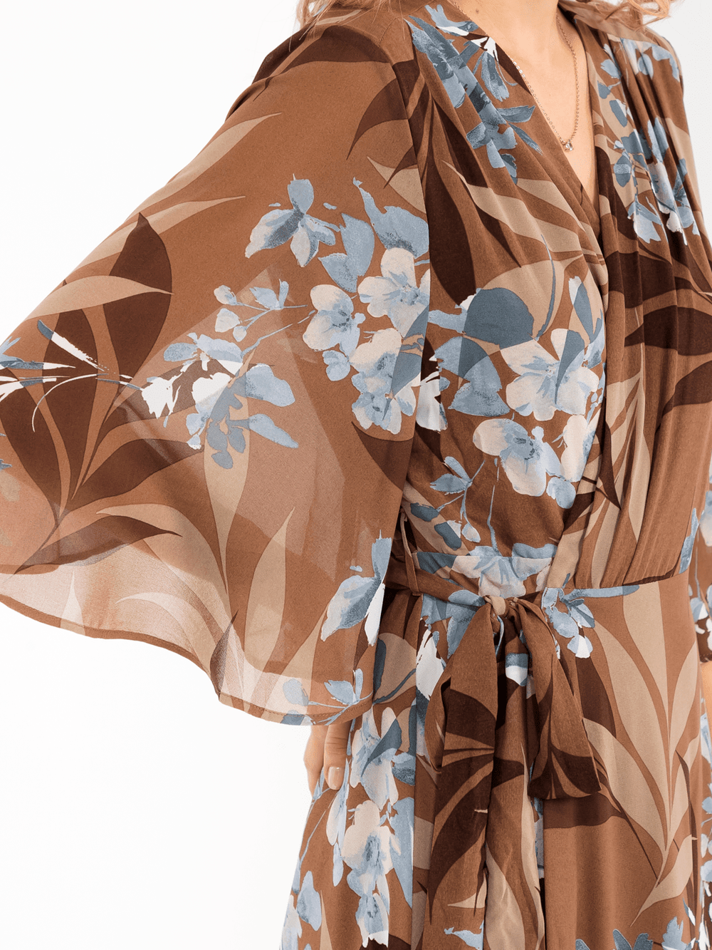 WOMEN'S 3/4 SLEEVE V-NECK SELF TIE FLORAL WRAP MAXI DRESS