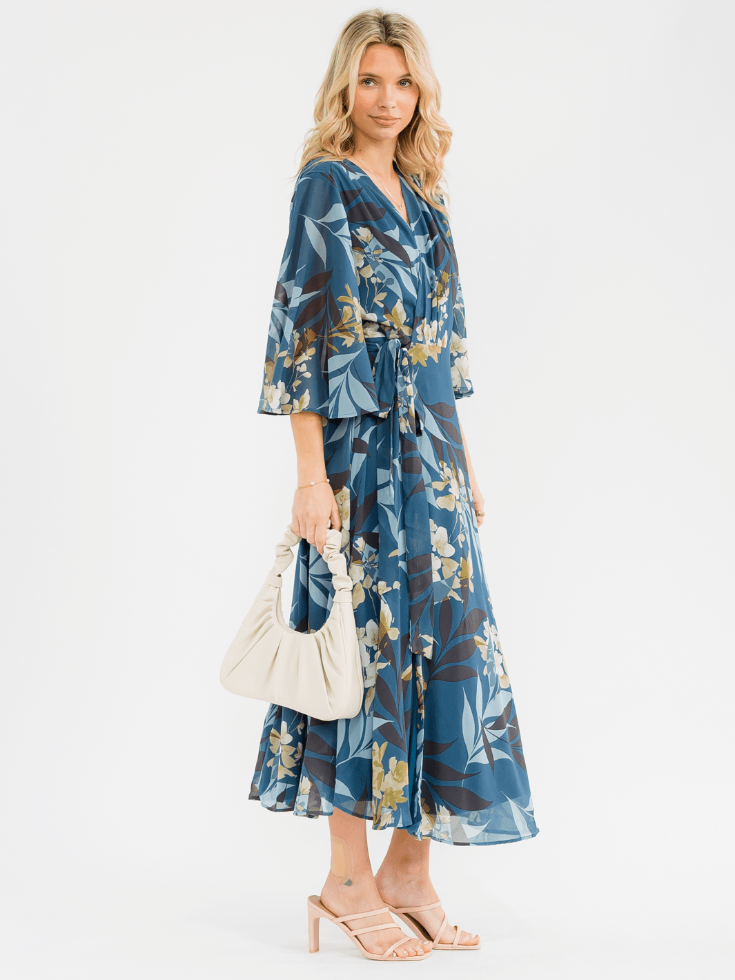 Maxi Dress Wrap Dress Length Sleeve WOMEN'S 3/4 SLEEVE V-NECK SELF TIE FLORAL WRAP MAXI DRESS Maxi Dress Wrap Dress Length Sleeve WOMEN'S 3/4 SLEEVE V-NECK SELF TIE FLORAL WRAP MAXI DRESS