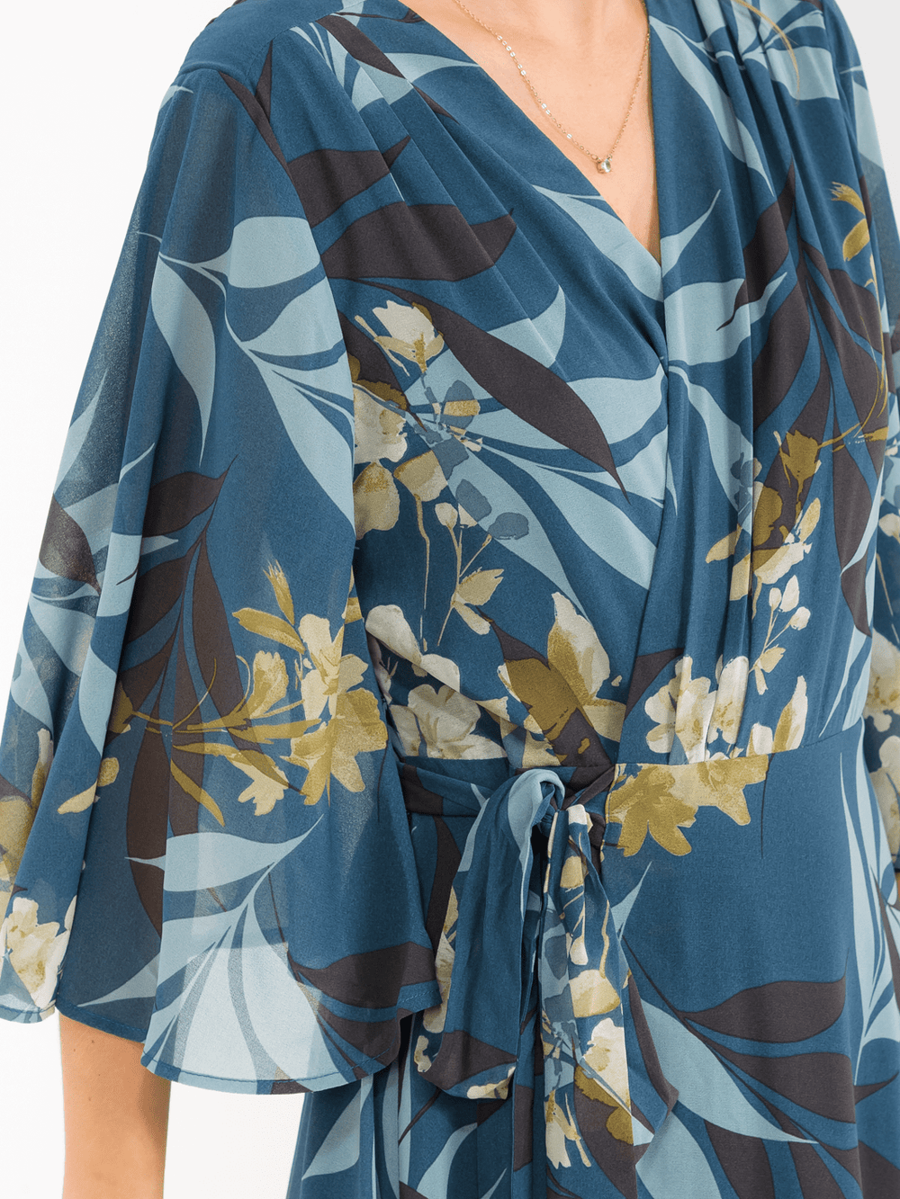 WOMEN'S 3/4 SLEEVE V-NECK SELF TIE FLORAL WRAP MAXI DRESS