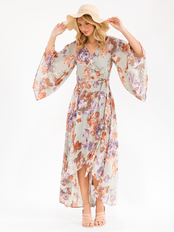 WOMEN'S LONG BELL SLEEVE SELF TIE HIGH-LOW FLORAL WRAP MAXI DRESS