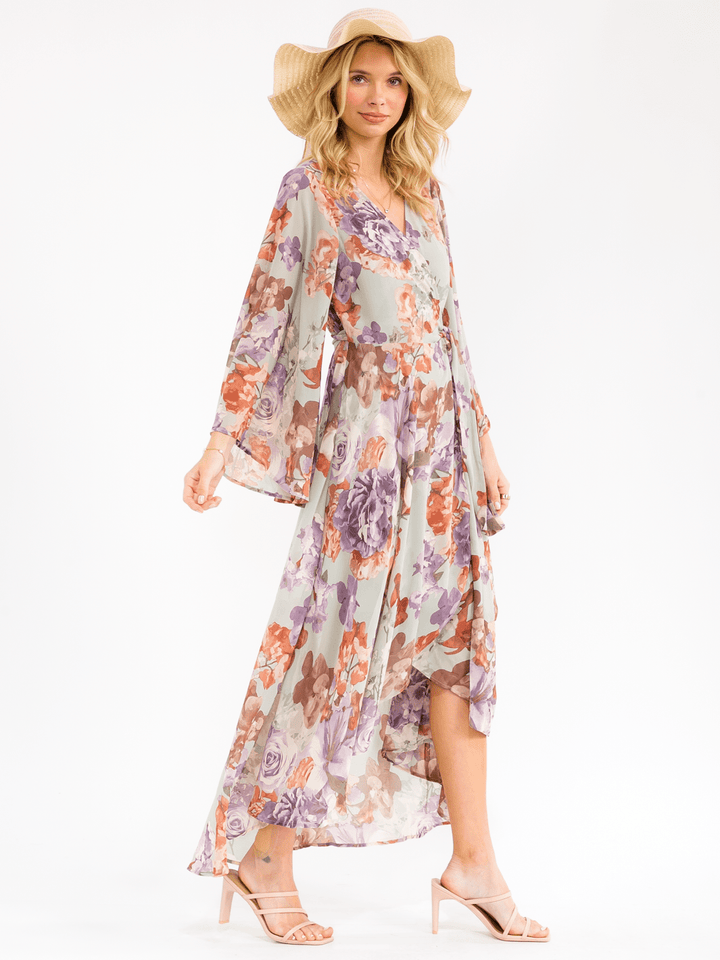 WOMEN'S LONG BELL SLEEVE SELF TIE HIGH-LOW FLORAL WRAP MAXI DRESS