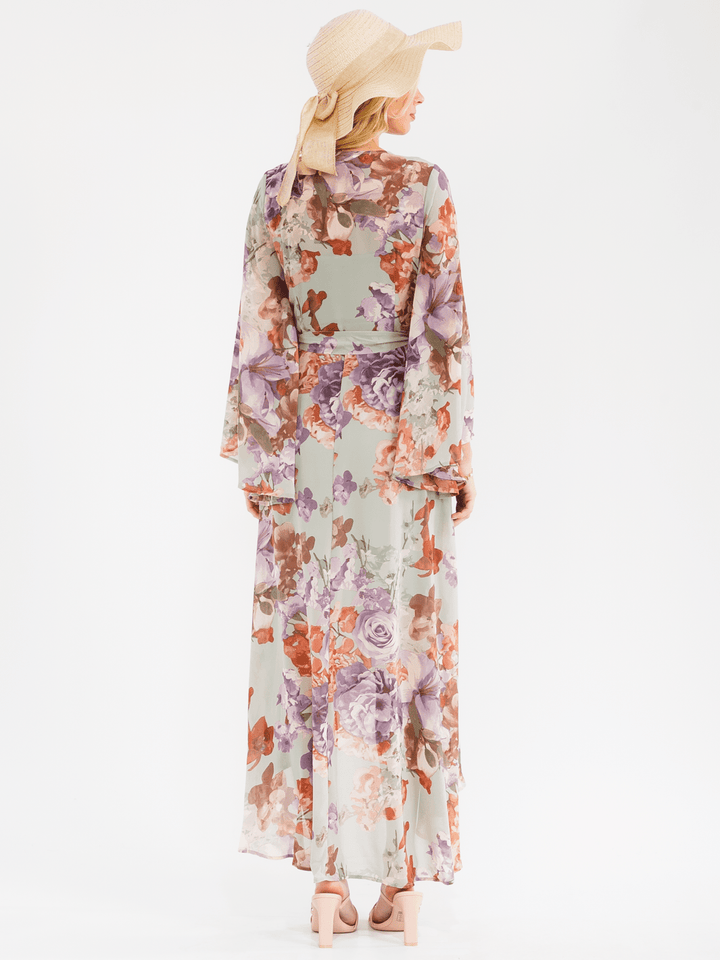 WOMEN'S LONG BELL SLEEVE SELF TIE HIGH-LOW FLORAL WRAP MAXI DRESS