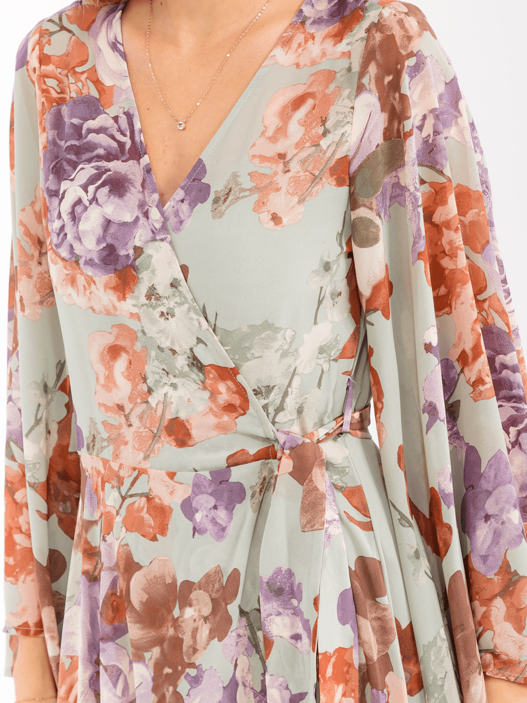 WOMEN'S LONG BELL SLEEVE SELF TIE HIGH-LOW FLORAL WRAP MAXI DRESS