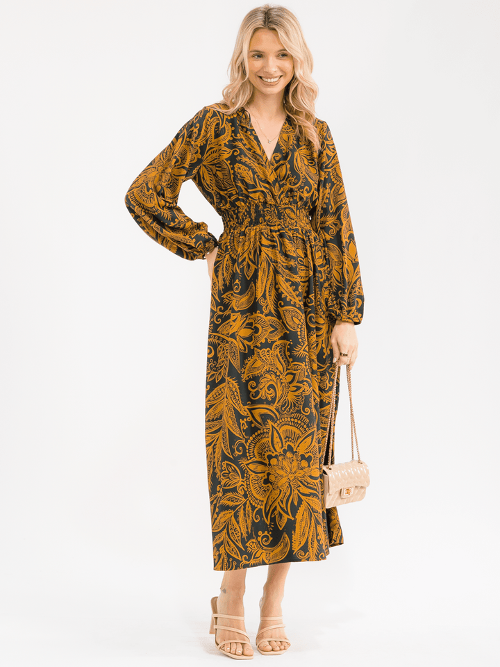 WOMEN'S LONG SLEEVE SURPLICE ELASTIC WAIST FLORAL PRINT MAXI DRESS