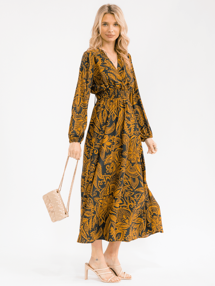 WOMEN'S LONG SLEEVE SURPLICE ELASTIC WAIST FLORAL PRINT MAXI DRESS