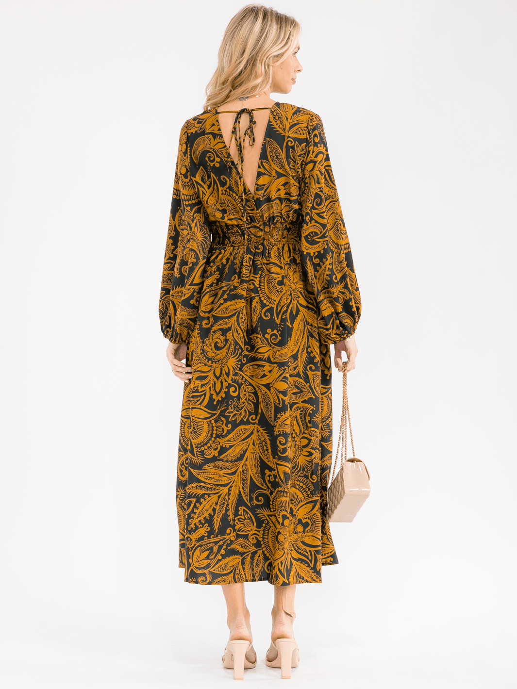 WOMEN'S LONG SLEEVE SURPLICE ELASTIC WAIST FLORAL PRINT MAXI DRESS