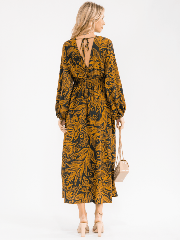 WOMEN'S LONG SLEEVE SURPLICE ELASTIC WAIST FLORAL PRINT MAXI DRESS