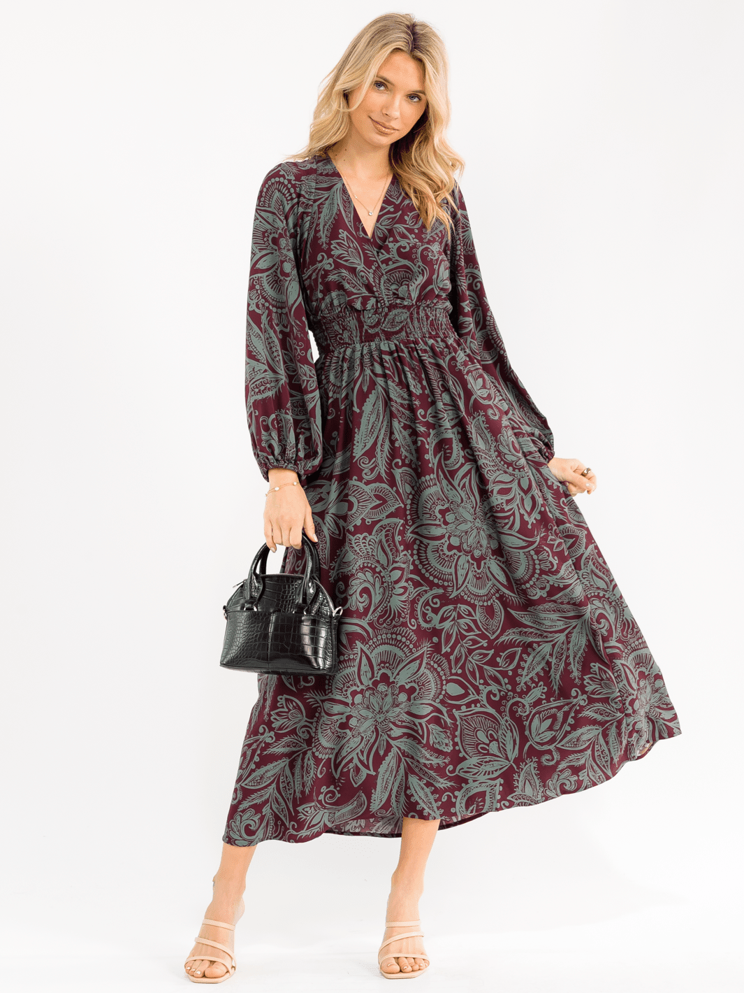 WOMEN'S LONG SLEEVE SURPLICE ELASTIC WAIST FLORAL PRINT MAXI DRESS