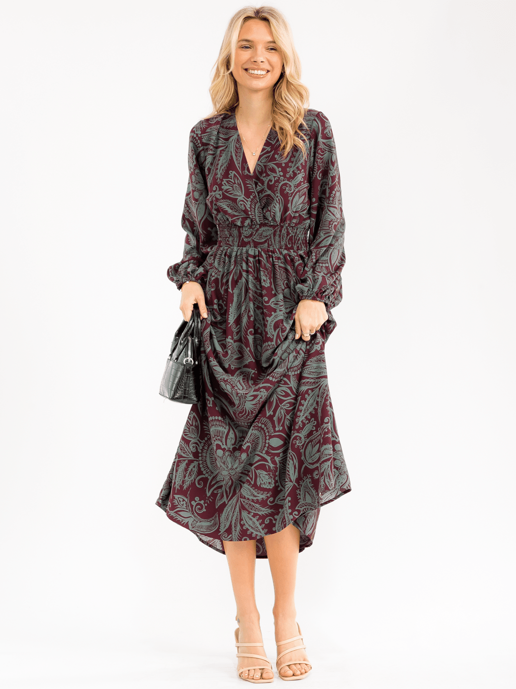 WOMEN'S LONG SLEEVE SURPLICE ELASTIC WAIST FLORAL PRINT MAXI DRESS