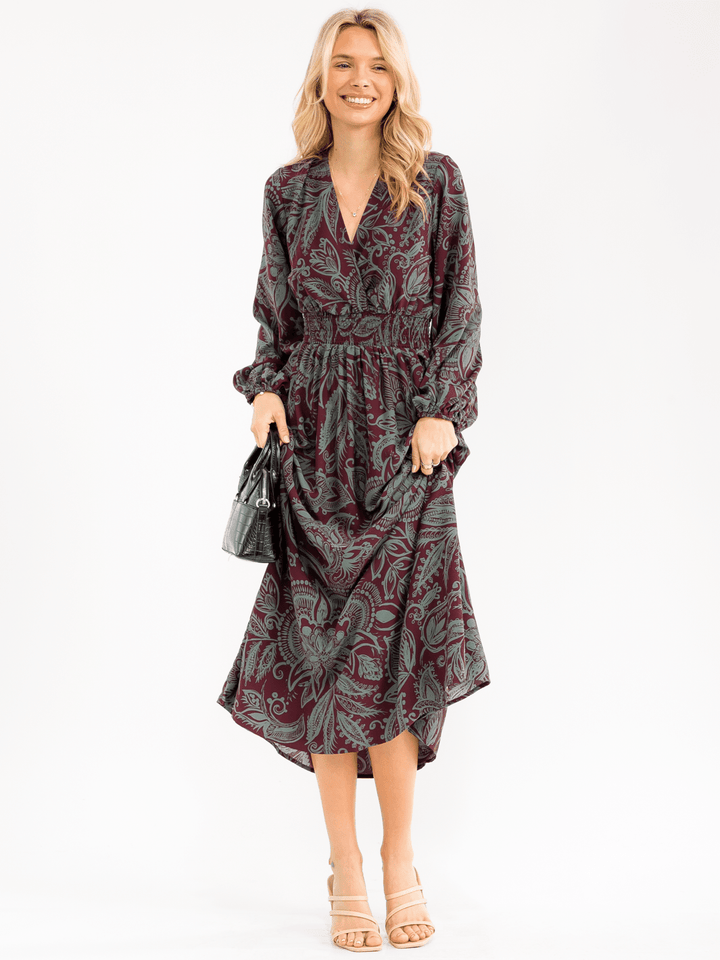 WOMEN'S LONG SLEEVE SURPLICE ELASTIC WAIST FLORAL PRINT MAXI DRESS