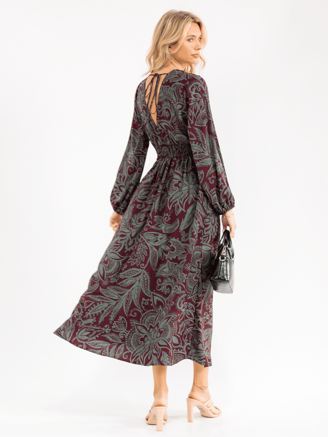 WOMEN'S LONG SLEEVE SURPLICE ELASTIC WAIST FLORAL PRINT MAXI DRESS