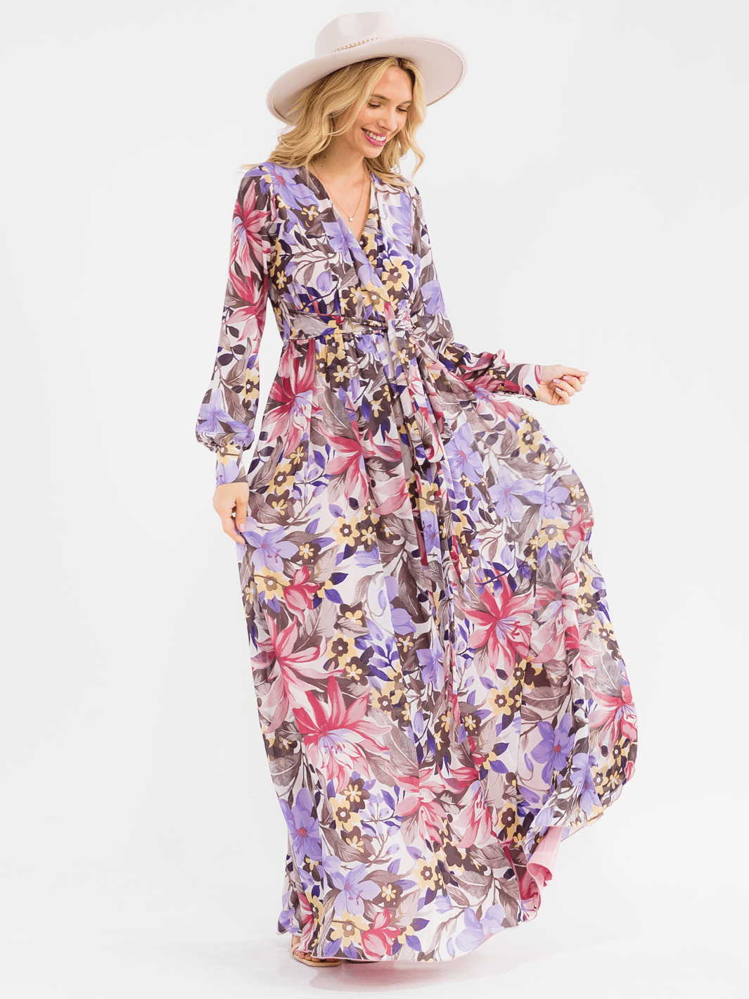 WOMEN'S LONG SLEEVE SURPLICE ELASTIC WAIST FLORAL MAXI DRESS